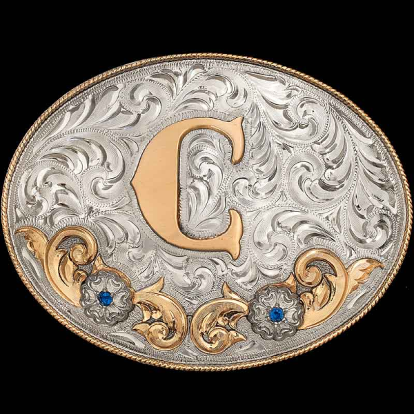 Whites Creek Belt Buckle, Personalize this buckle with your initial or custom logo! Crafted on a hand-engraved, German Silver base. Detailed with a Jewelers Bronze  rope edge, 